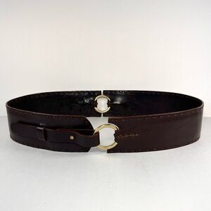 Vtg Johnny Farah Wide Double-Ring Brown Leather Belt Stud Loop Closure Size L